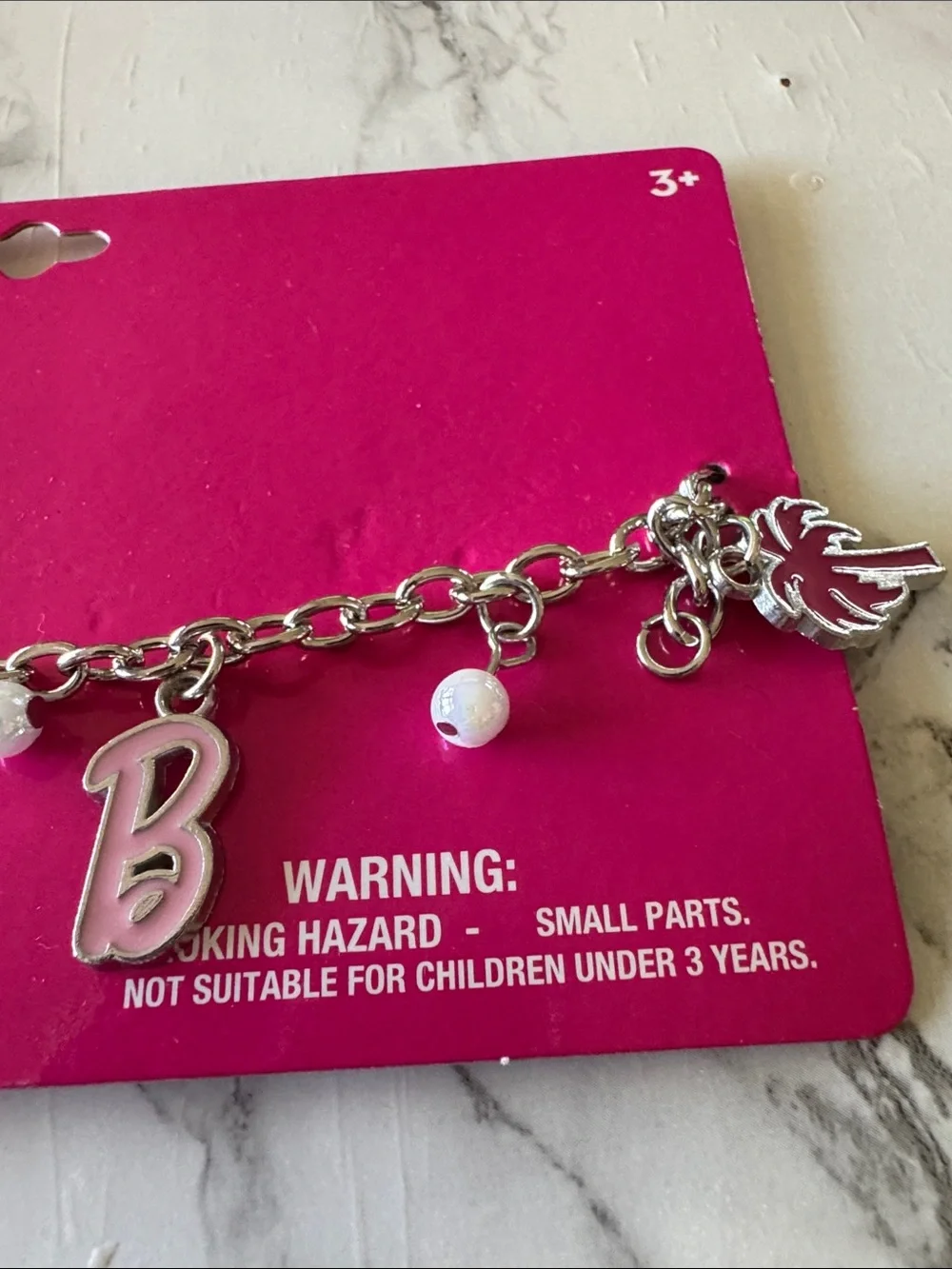 Silver-tone Barbie Theme Charm Bracelet 4 Pink Charms & 3 Bead Charms New